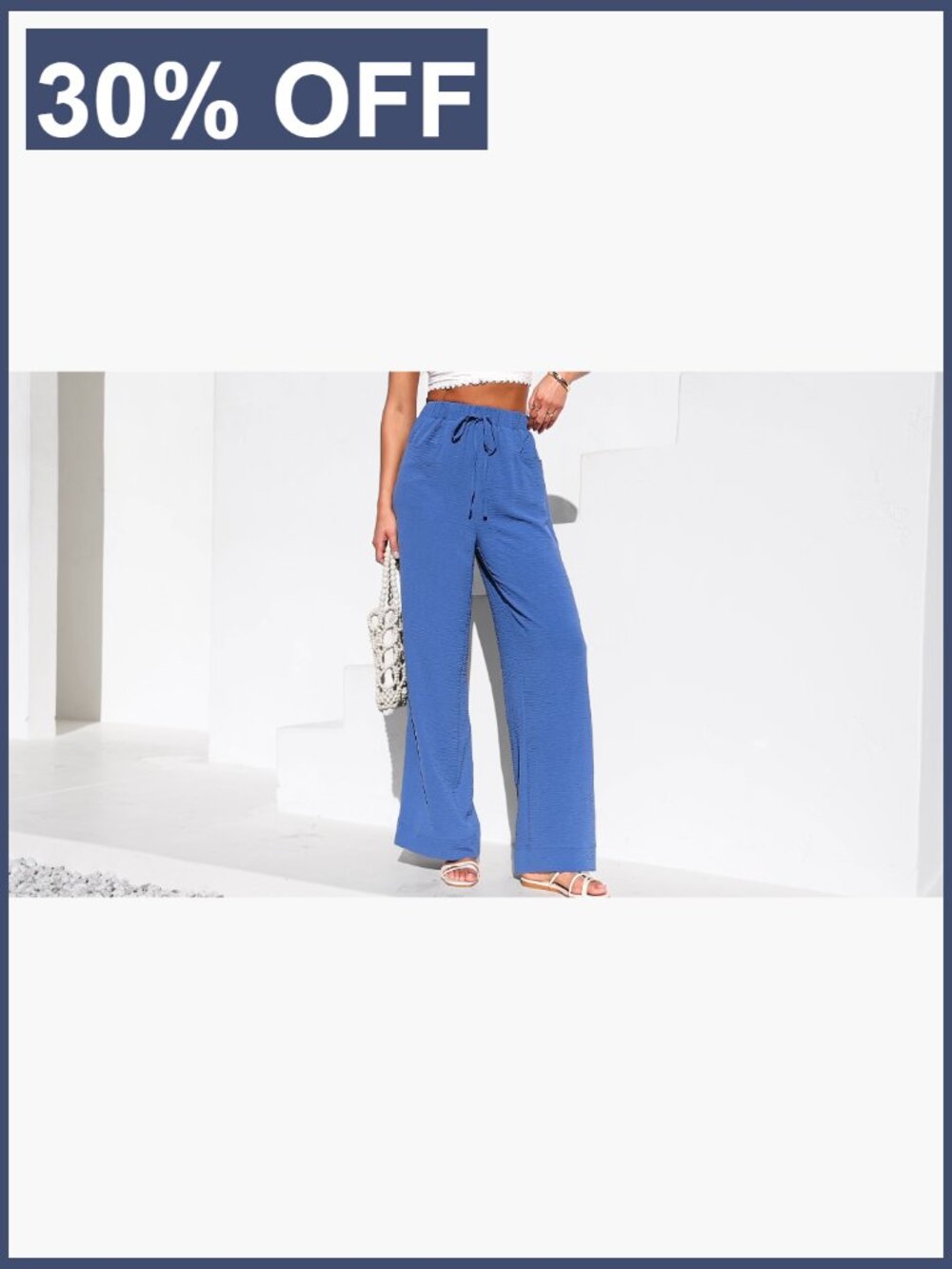 High Waist Wide Leg Flow Palazzo Pants Drawstring Pockets Lounge Beach - Picture 7 of 7